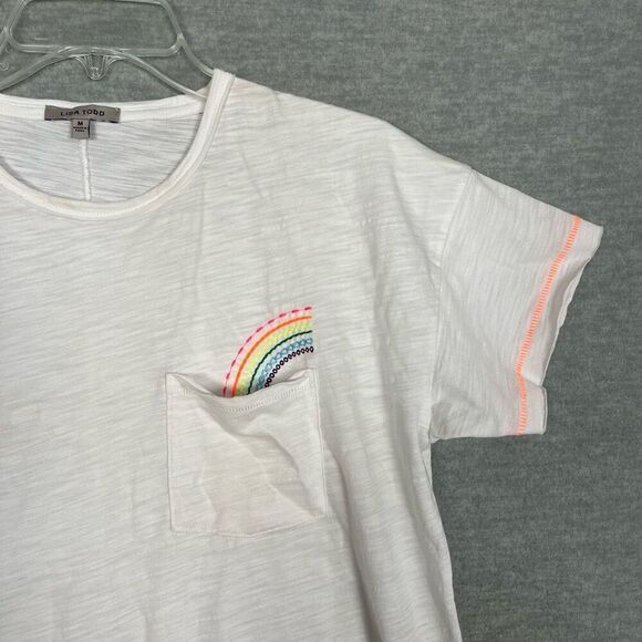 Lisa Todd Pocket Full Rainbow Embroidered Tee Womens Medium White Crew T-Shirt - Picture 2 of 12